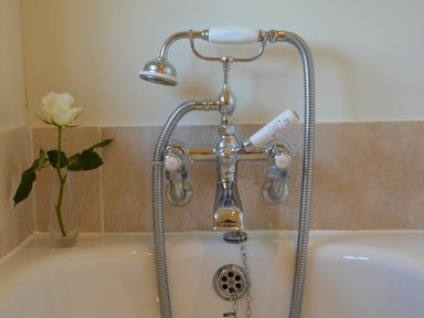 A bathtub faucet with a hand shower and a white rose in a glass vase on the side at 2 The Bays Thorpeness