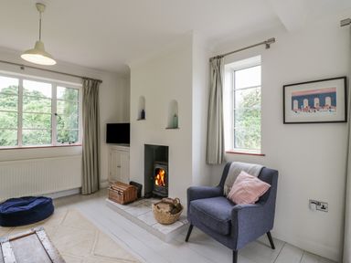 A living room with a blue armchair and a fireplace with fire at Ash Tree Cottage Aldringham