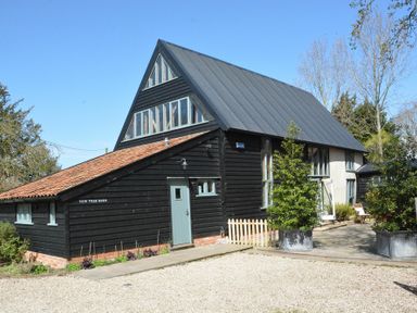 A black barn style house with light blue doors and windows surrounded by trees and plants at Yew Tree Farm Barn Worlingworth near Framlingham