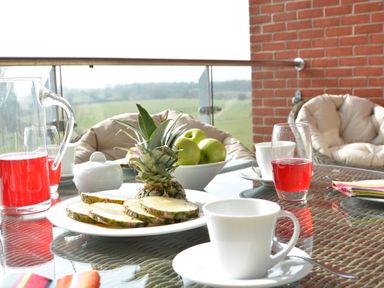 A glass table with sliced pineapple green apples cups and glasses of red juice on an outdoor balcony with cushioned chairs at King George Penthouse in Aldeburgh