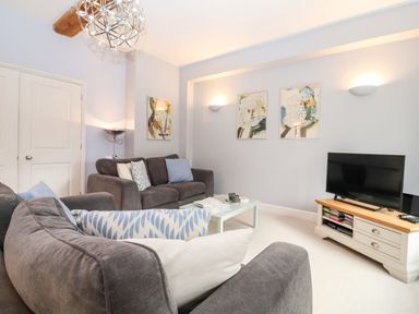 A living room with two gray sofas a coffee table a television on a wooden stand and abstract paintings on the walls at Saffron Blythview in Blythburgh near Southwold
