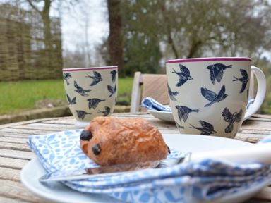 A wooden outdoor table with two mugs decorated with birds and a plate with a pastry and blue patterned napkins at Bird Cottage Burgh Near Grundisburgh
