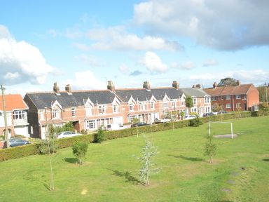 A grassy area with young trees and a soccer goal in front of a row of brick houses at Parrotfish Bay in Southwold