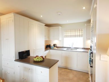 A kitchen with white cabinets a gray countertop a plate of grapes a window with a checkered blind and kitchen appliances at Crabbe House in Aldeburgh