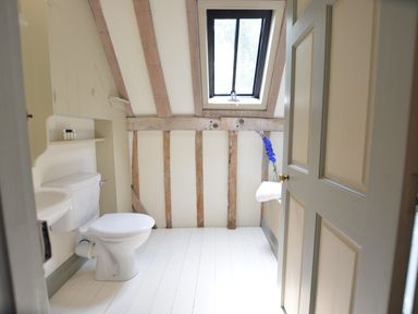 A bathroom with a toilet a sink a skylight and wooden beams at The Gig House Stowupland