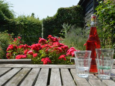 A wooden outdoor table with a red bottle and clear glasses in a garden with red flowers and green bushes at The Gig House in Stowupland