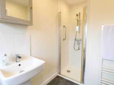 A bathroom with shower and sink at The Mulberry, nr Bungay