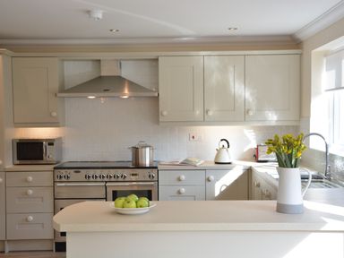 A kitchen with light-colored cabinets a stainless steel stove a microwave on the counter a bowl of green apples on the island and a vase with yellow flowers by the sink with a window at Meadowsweet Blythburgh Blythburgh near Reydon