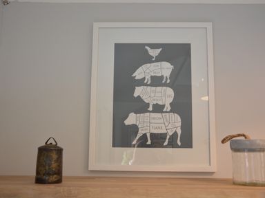 A framed butcher chart showing cuts of meat from a chicken, pig, lamb, and cow on a wall above a wooden shelf with a metal container and a glass jar at Milk Parlour Spexhall Near Halesworth