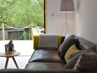 A living room with a leather sofa with cushions and a throw next to a floor lamp and a side table with champagne and glasses at Red Poll Barn Spexhall Near Halesworth