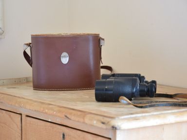 A pair of black binoculars and a brown leather case on a wooden table at Walton House Southwold