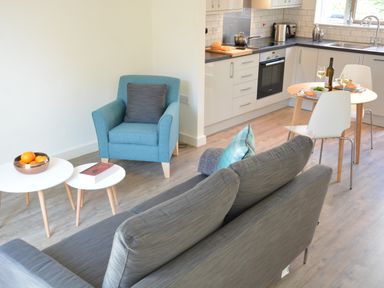 A living room with a gray sofa, a blue armchair, two small white tables, and a kitchen with a round dining table and chairs at Mycroft Southwold in Southwold