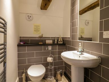 A bathroom with a toilet a pedestal sink a mirror and decorative items on a shelf at Quill Farm Barn in Campsea Ashe