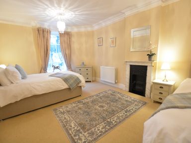 A bedroom with two beds a fireplace a rug and a window with curtains at Henstead Hall in Henstead near Beccles