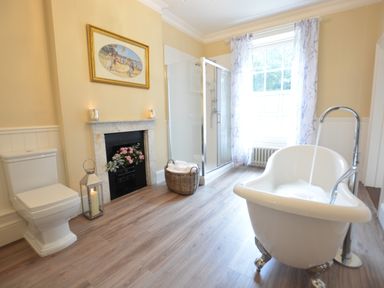 A bathroom with a freestanding bathtub filling with water a shower cubicle a toilet a fireplace with flowers inside a basket with towels and a large window with curtains at Henstead Hall in Henstead near Beccles