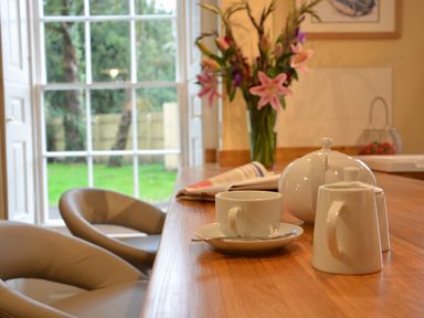 A wooden kitchen counter with a cup and saucer a teapot a milk jug and flowers in a vase at Henstead Hall in Henstead near Beccles
