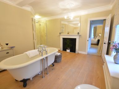 A bathroom with a freestanding bathtub a fireplace and a view into a bedroom at Henstead Hall Henstead near Beccles
