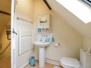 A bathroom with a white pedestal sink a mirror cabinet a white toilet a blue trash bin and a heated towel rail at The Cart House in Sudbourne Near Orford