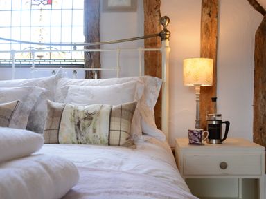 A bedroom with a bed with cushions and a bedside table with a lamp and coffee press at Wassicks Cottage Haughley