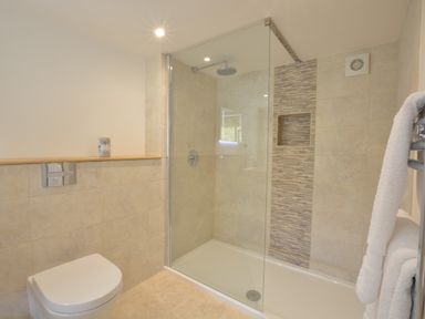 A bathroom with a walk in shower a toilet and towels on a rack at Carriage House Bruisyard Near Framlingham