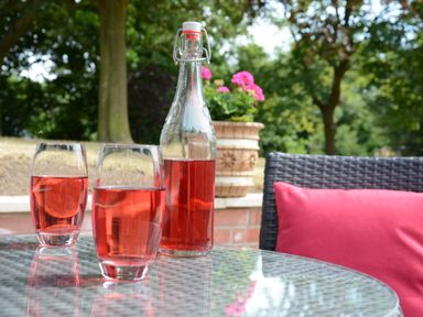 A garden table with two glasses and a bottle of pink drink and a wicker chair with a pink cushion at Carriage House Bruisyard Near Framlingham