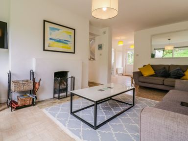 A living room with a fireplace a coffee table two sofas and cushions at The Bridge House Southwold