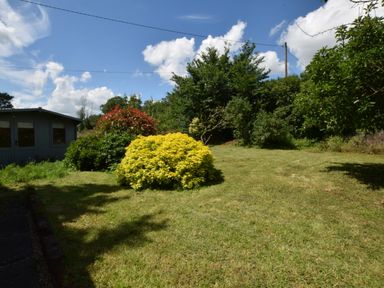 A grassy garden area with various bushes and a small shed at The White House with Studio in Wortwell