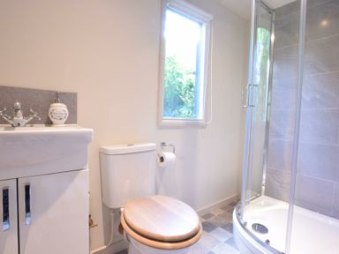 A bathroom with a toilet wooden seat, a sink with cabinet, a glass shower enclosure, and a window at The White House with Studio in Wortwell