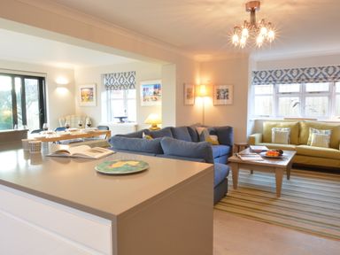 An open living and dining area with a kitchen island in the foreground a blue sofa a yellow sofa a wooden coffee table and a dining table set with glasses and plates at Mellows Thorpeness in Thorpeness