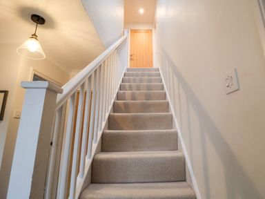 A carpeted staircase with white railings leading to a wooden door at Mellows Thorpeness in Thorpeness