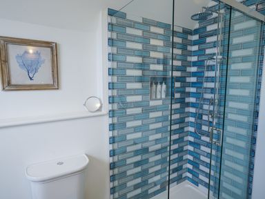 A bathroom with a toilet a framed picture a small round mirror and a shower with blue and white tiled walls at Shingle Skies Aldeburgh