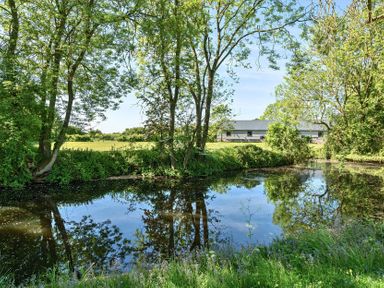 A pond with trees and grass surrounding it and a building in the background at Bedingfield House nr Debenham Debenham