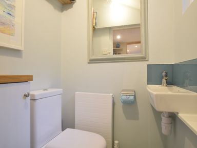 A small bathroom with a toilet sink mirror radiator and toilet paper holder at Seaflower Aldeburgh in Aldeburgh