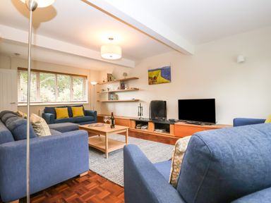 A living room with blue sofas cushions a wooden coffee table a flat screen tv and wall shelves at Town Farm House Orford