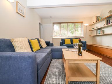 A living room with blue sofas yellow cushions a wooden coffee table and books on shelves at Town Farm House Orford