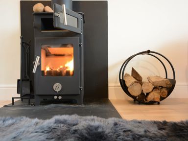 A wood burning stove with fire inside and firewood in a circular holder beside it at Fishpond House Sotherton in Halesworth