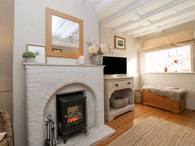 A room with a white brick fireplace and an electric stove inside a wooden floor and a TV on a cabinet near a window with a wooden chest covered by a fur blanket at Rosemary Cottage  Aldeburgh