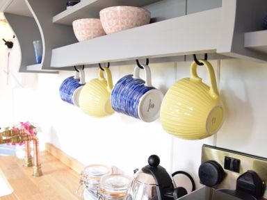 A kitchen shelf with yellow and blue mugs hanging and bowls on top at Shepherds Pightle in Hollesley