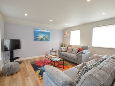 A living room with two grey sofas a colorful rug a glass coffee table and a wall painting at Bramertons Nest Long Melford