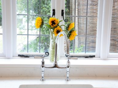 A kitchen sink with a chrome faucet and a vase of sunflowers on the windowsill at Old Valley Farm in Walberswick