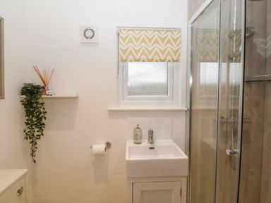 A bathroom with a sink and soap dispenser next to a window with a patterned blind and a glass shower enclosure at Harbour Lights in Southwold