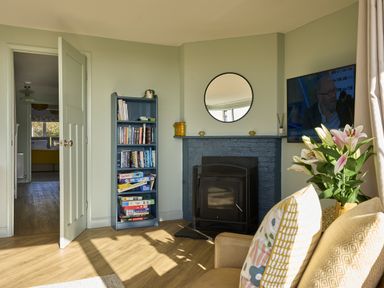 A living room with a bookshelf and a fireplace at Harbour Lights in Southwold