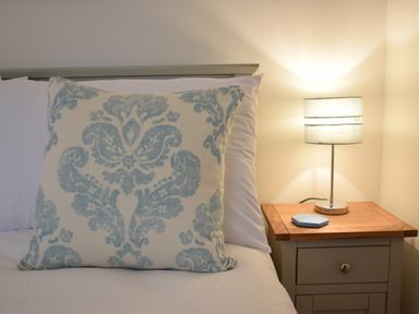 A bed with a large decorative pillow and a bedside table with a lamp and coaster at Bluebelle Cottage Peasenhall