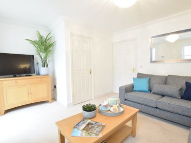 A living room with a gray sofa and blue cushions a wooden coffee table with a tray and magazines a wooden cabinet with a TV and a plant on top at Bluebelle Cottage Peasenhall