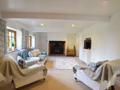 A living room with sofas chairs fireplace rug and television at Skelder Parham in Parham Near Framlingham