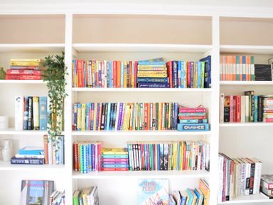 A bookshelf filled with colorful books and a small green plant at Skelder Parham in Parham Near Framlingham