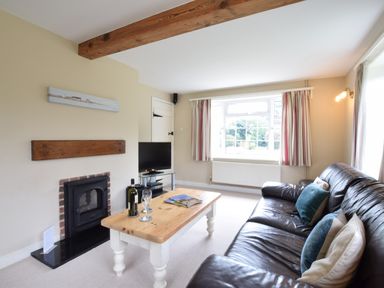 A living room with a leather sofa a wooden coffee table a fireplace and a television at Hoist Cottage Walberswick