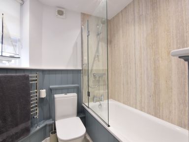A bathroom with a bathtub and shower a toilet and a towel rail at Sea Green Cottage Walberswick