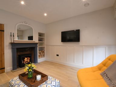 A living room with a fireplace TV and yellow chair at Arlo Cottage Orford