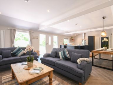 An open plan living room and kitchen with two blue sofas a wooden coffee table and a dining table at The Piglets in Newbourne Near Woodbridge